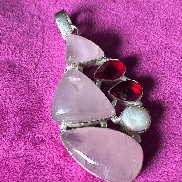 Elegant Pink Quartz Pendant Triple Stone With Red Crystal And Pearl Accents - Picture 7 of 7